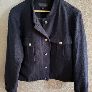 Talbots textured utility jacket navy tweed style button up EUC